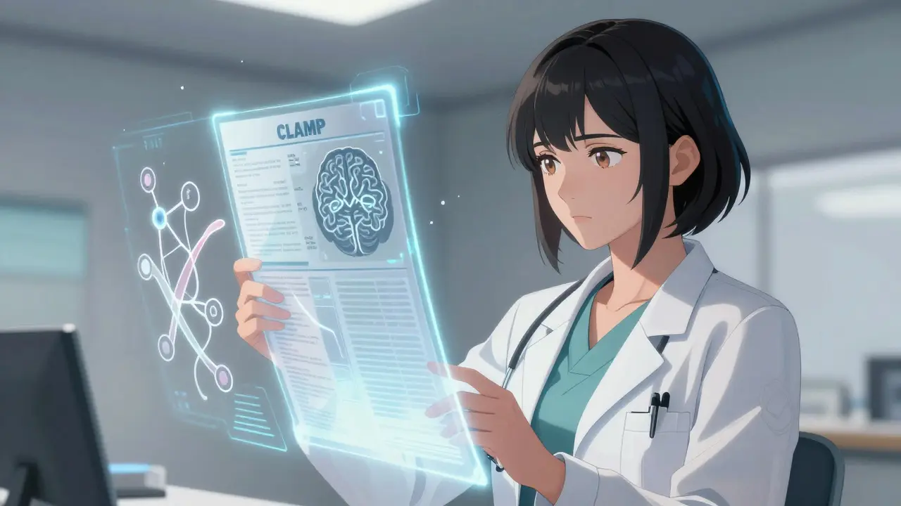Stylized doctor reviewing patient data via holographic screen in CLAMP manga art.