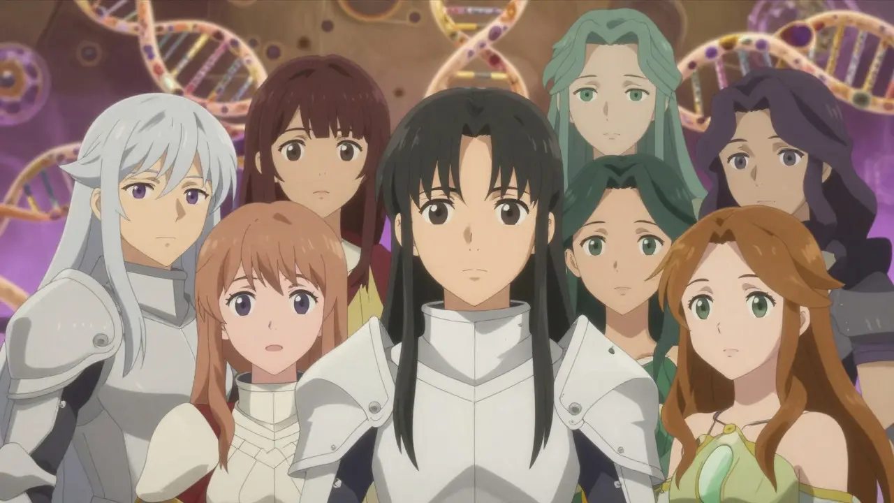 Stylized probiotic characters in armor protecting a human figure in a magical biological setting