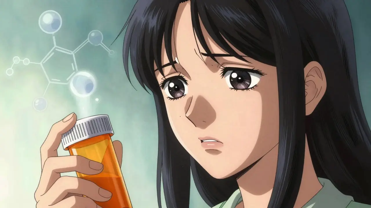 Young woman looking concerned holding a medicine bottle with ghostly chemical symbols