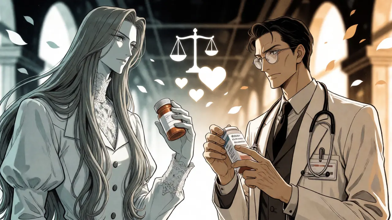 A pharmacist and doctor facing off over generic versus brand name drugs in an anime style.