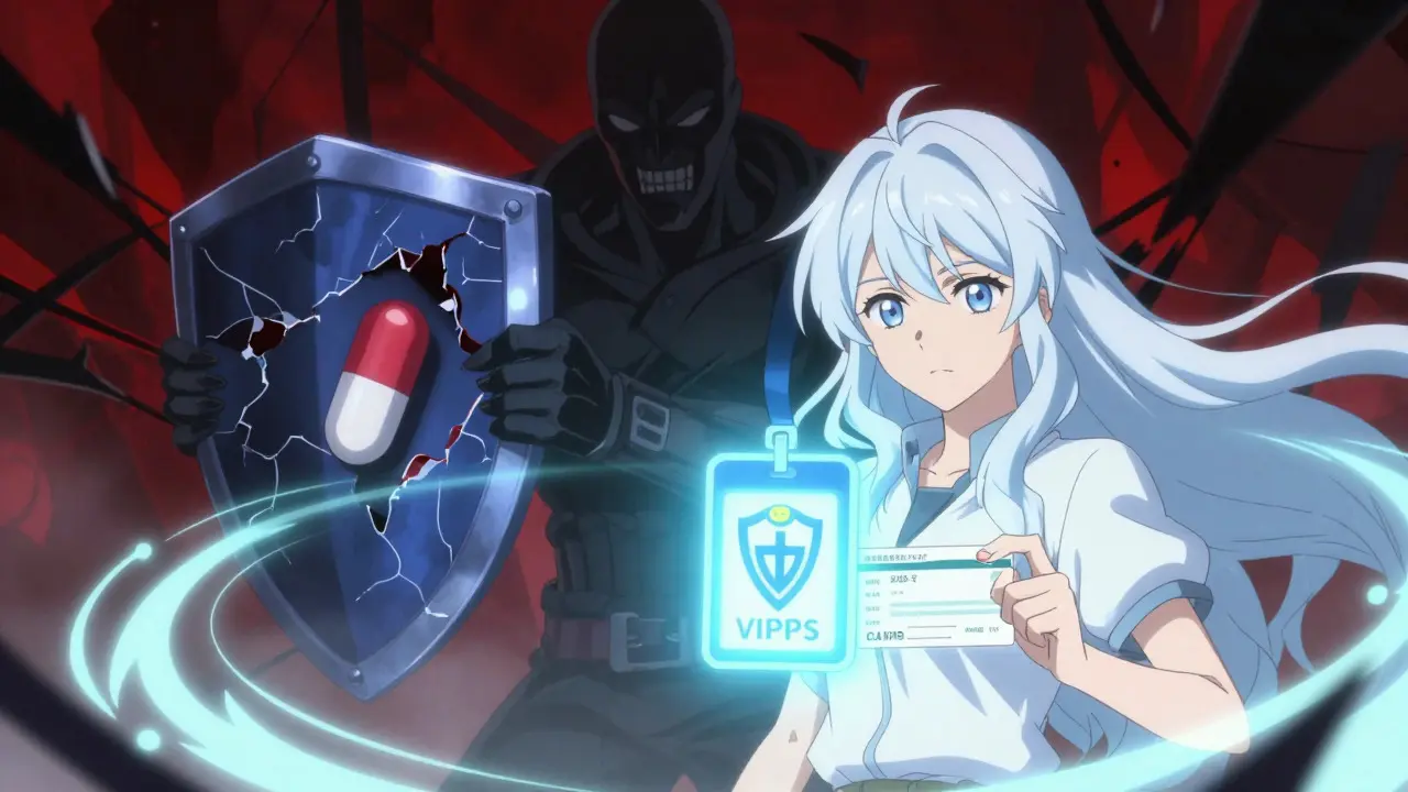 Anime character protected by safety badge from dark scam figures