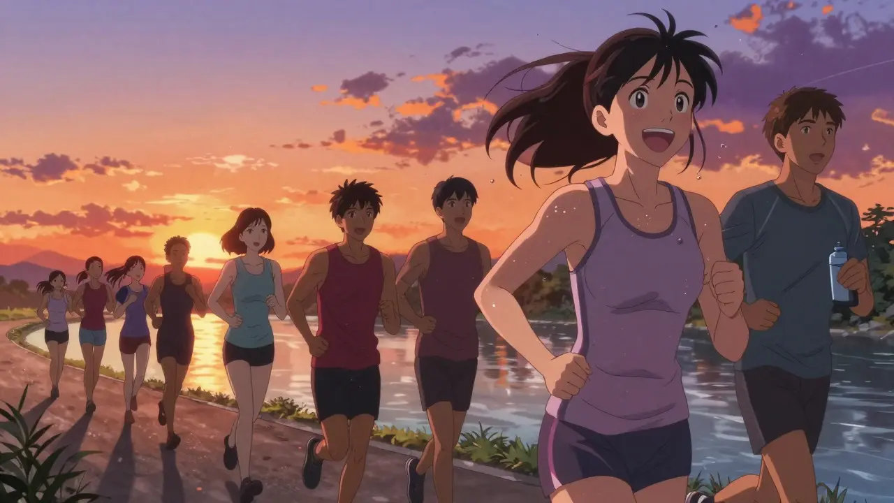 Anime characters jogging by river at sunset, smiling and hydrated, promoting active lifestyle.
