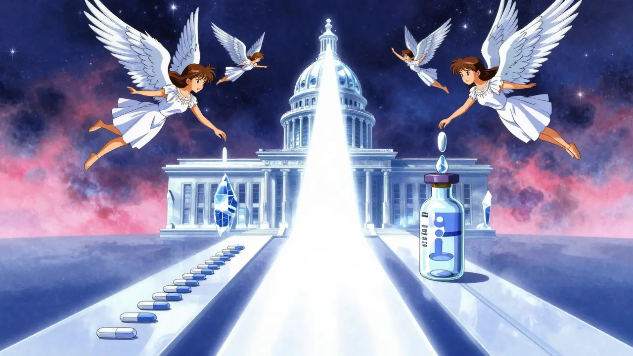 Anime depiction of a crystalline structure guiding different drug types, representing regulatory oversight and future trends.