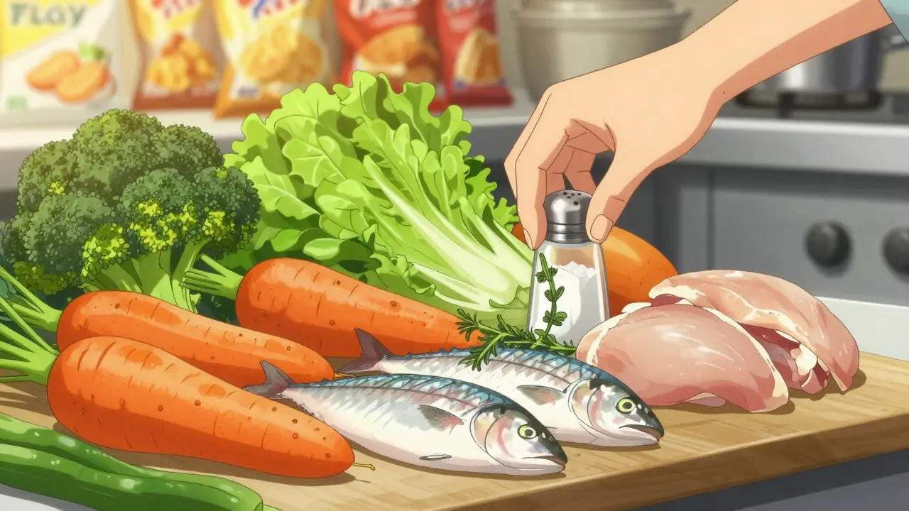 Anime kitchen scene with fresh veggies and herbs replacing salt, glowing with healthy light.