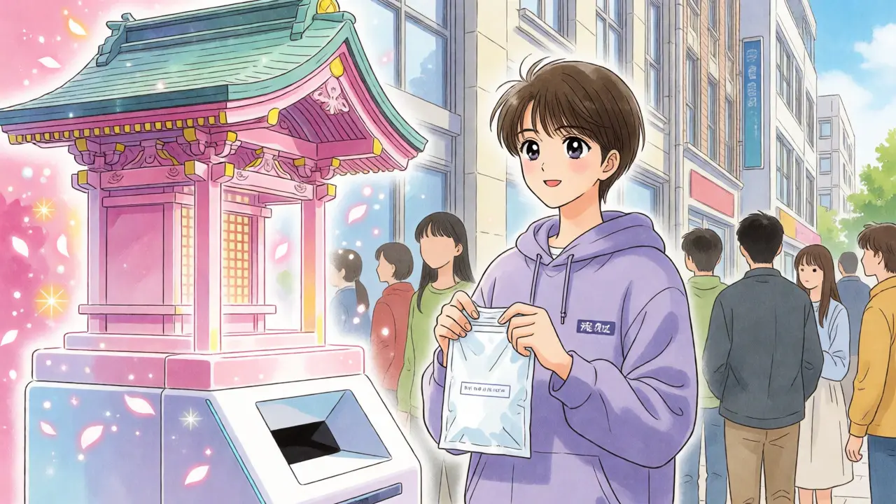 Character dropping off medications at a glowing pharmacy take-back kiosk.