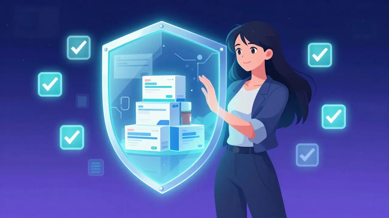 Character protected by a glowing shield of pharmacy safety