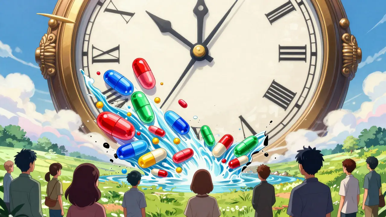 CLAMP-style art showing a cascade of colorful pills flowing from a clock face, symbolizing patent expiration.