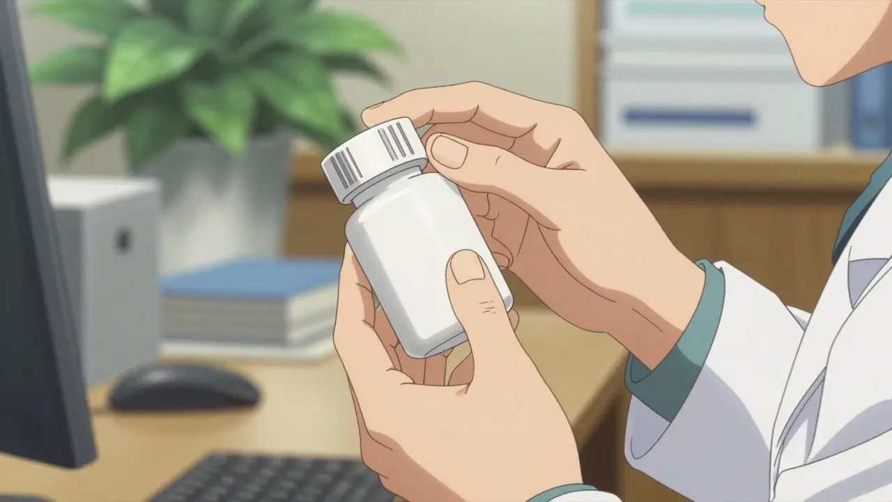 Close up of hands checking a medicine bottle for authenticity in manga art