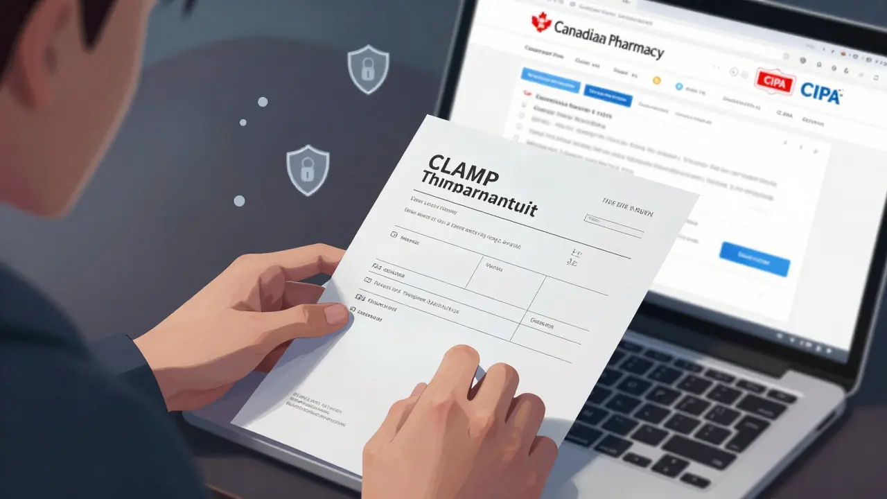 Close-up of hands verifying online pharmacy credentials and uploading prescription.