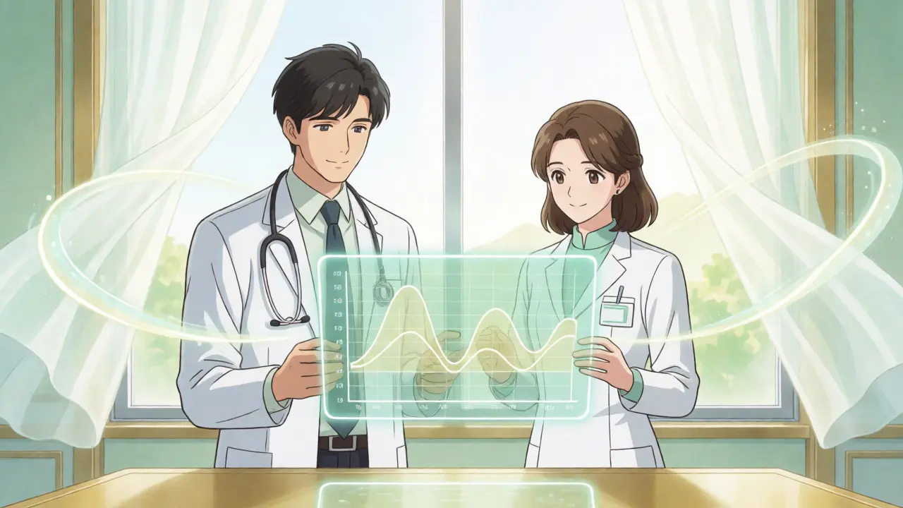 Doctor and pharmacist collaborating calmly while viewing a stable health data projection.