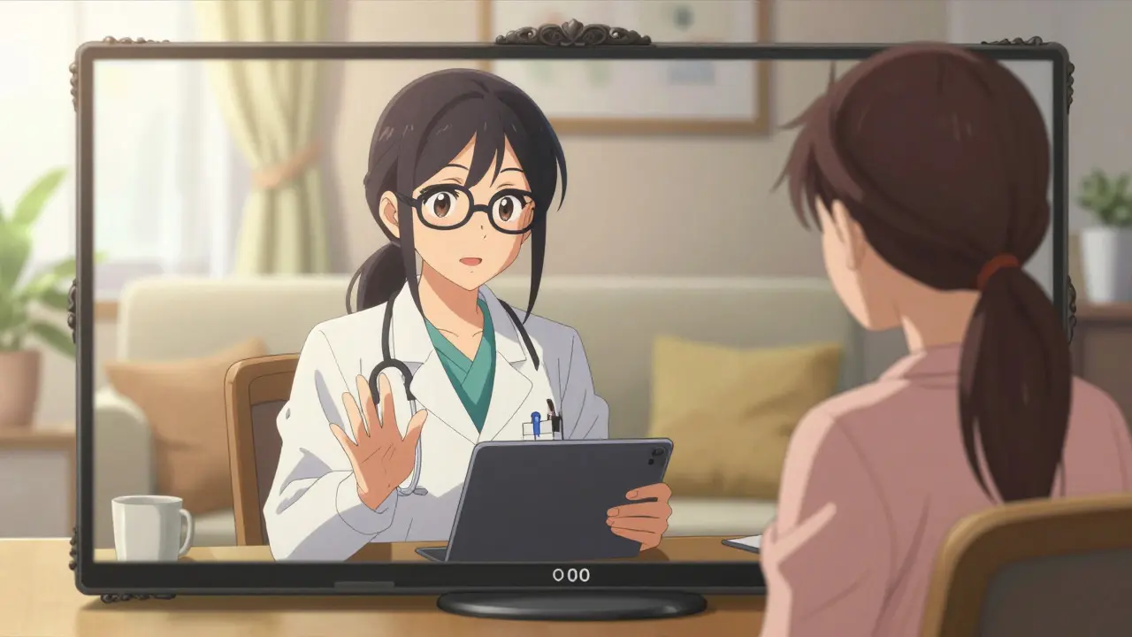 Doctor conducting a reassuring telehealth consultation via video call.