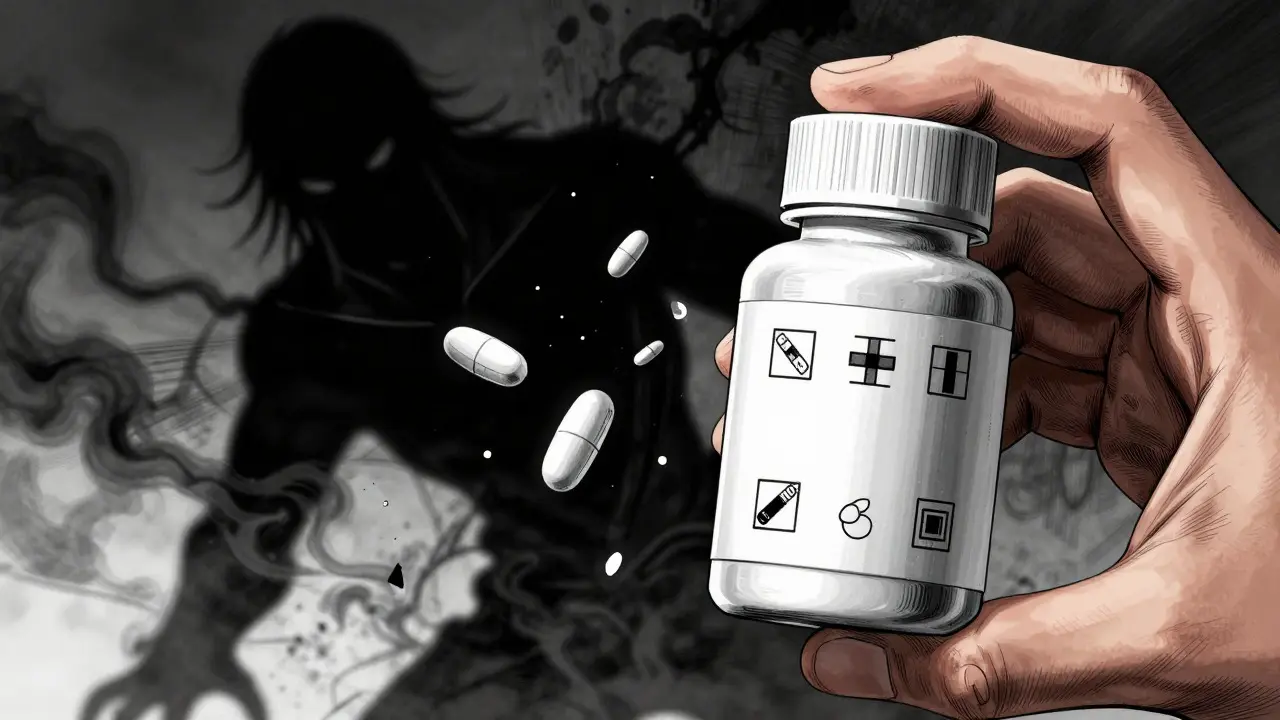 Genuine pill bottle contrasted with crumbling counterfeit medicine shadows.