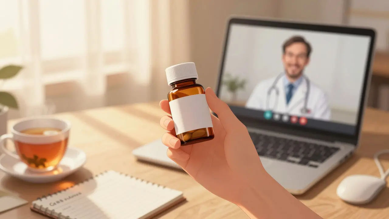 Hand holding generic pills next to a telehealth video call