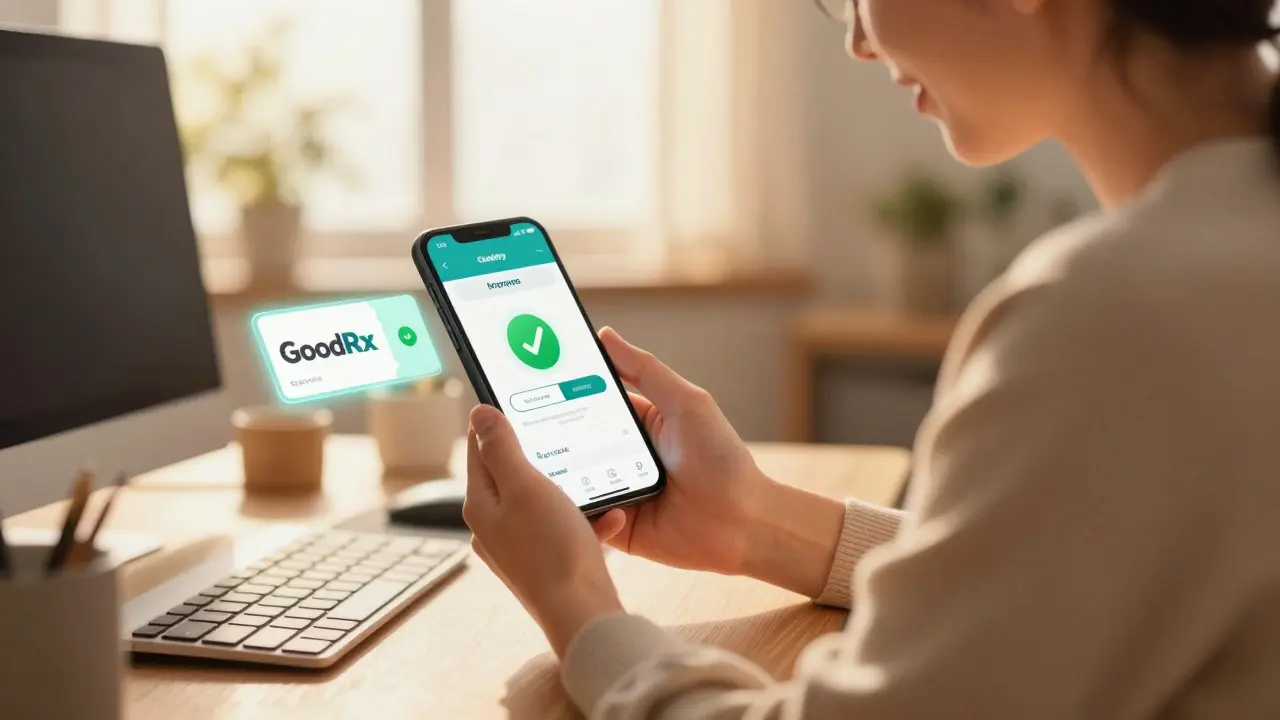 Happy anime character using phone to find discounted meds safely at home.