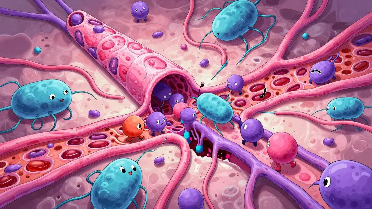Illustration of cellular characters struggling to repair tissue under drug influence