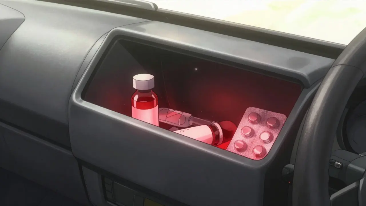 Medications overheating in a car glove compartment under sunlight