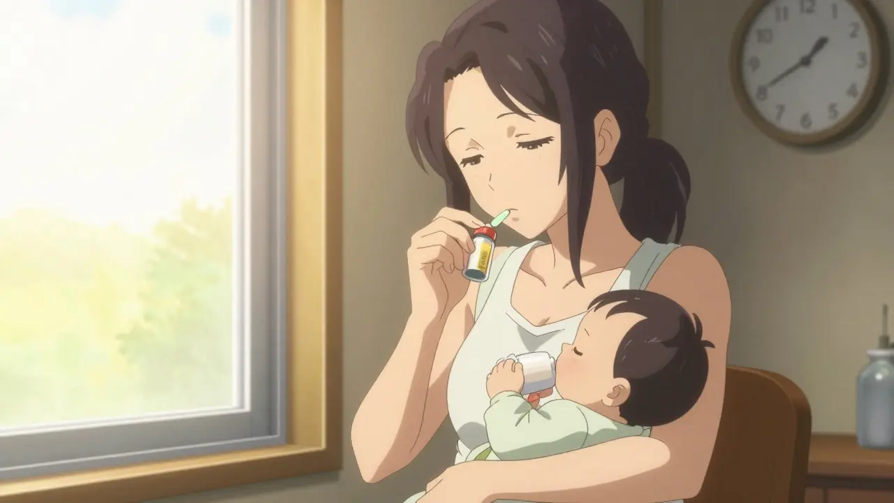 Mom taking medicine after feeding baby in bright room, CLAMP anime style