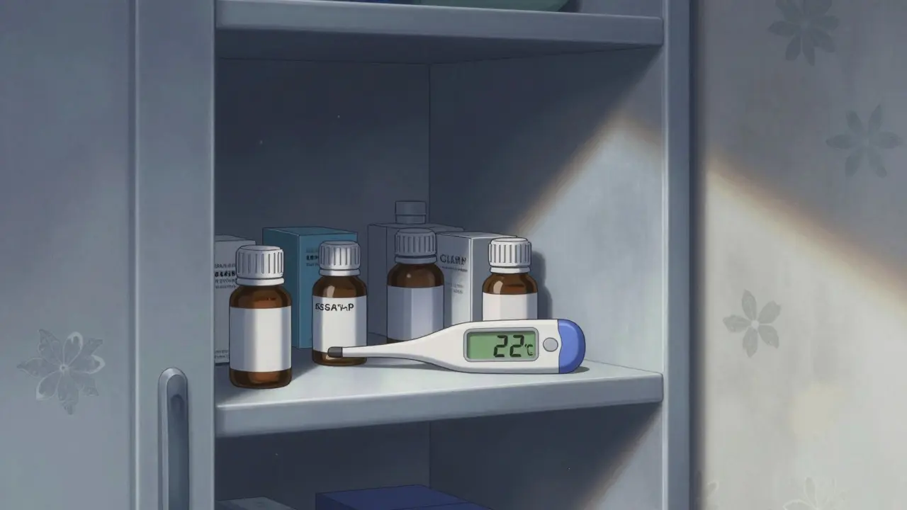 Organized medications stored safely in a cool, dry closet shelf