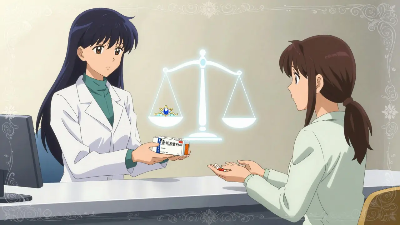 Pharmacist handing generic meds to hesitant patient with symbolic balance scale overlay