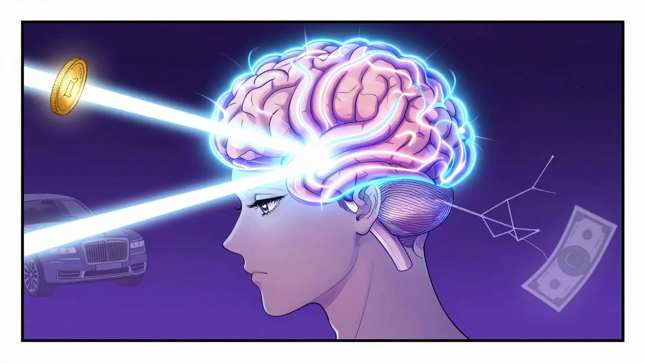 Stylized brain diagram showing neural pathways activated by high vs low price expectations