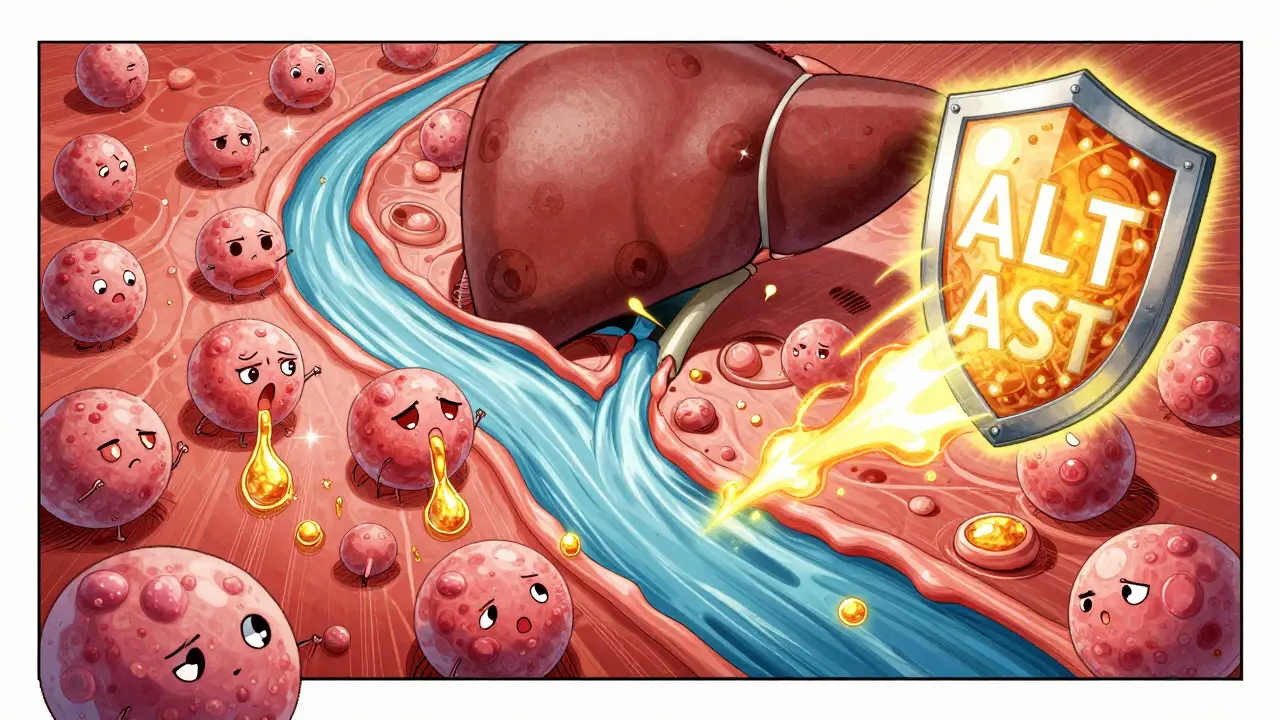 Stylized depiction of liver cells releasing enzymes into the bloodstream.