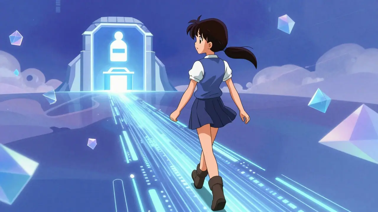 Stylized figure walking a digital path toward a secure pharmacy in anime style
