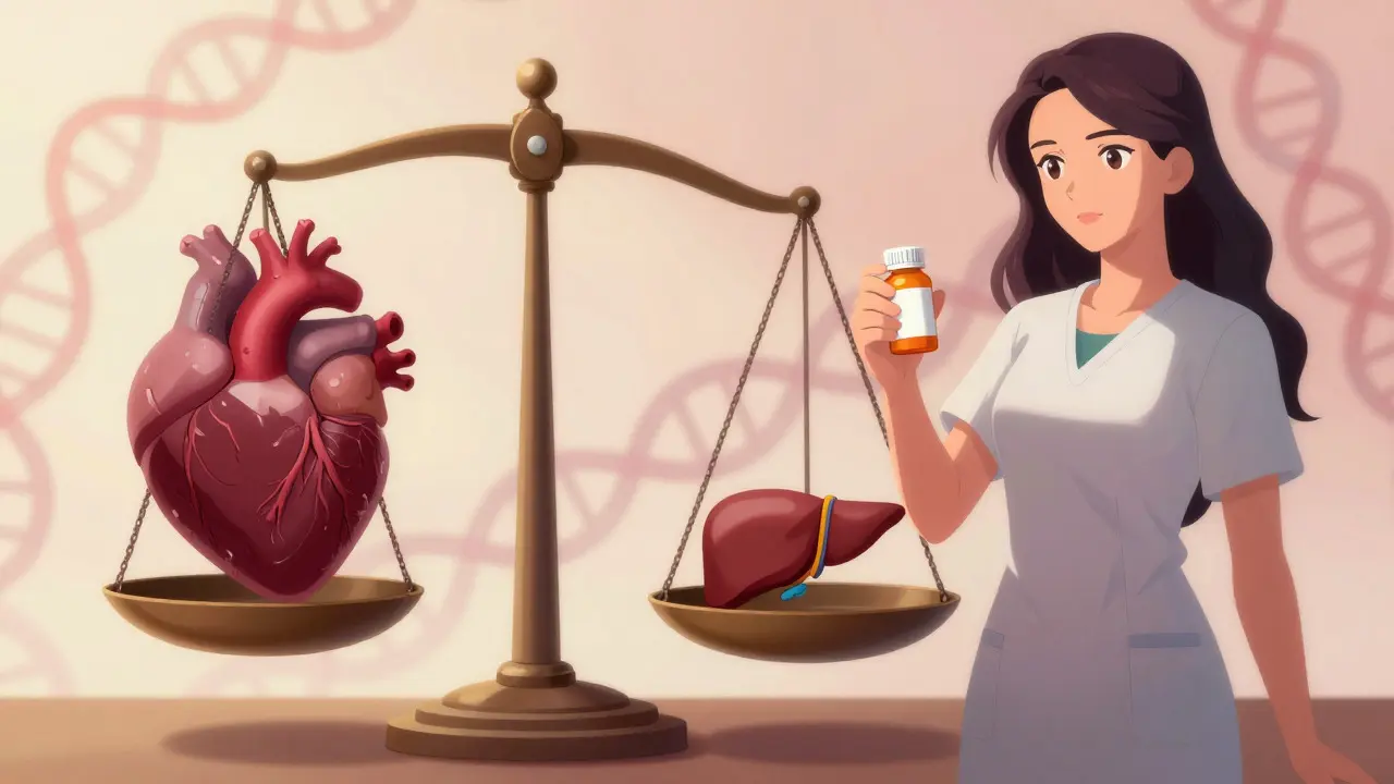 Symbolic scale showing heart benefits outweighing rare liver risks from statins.